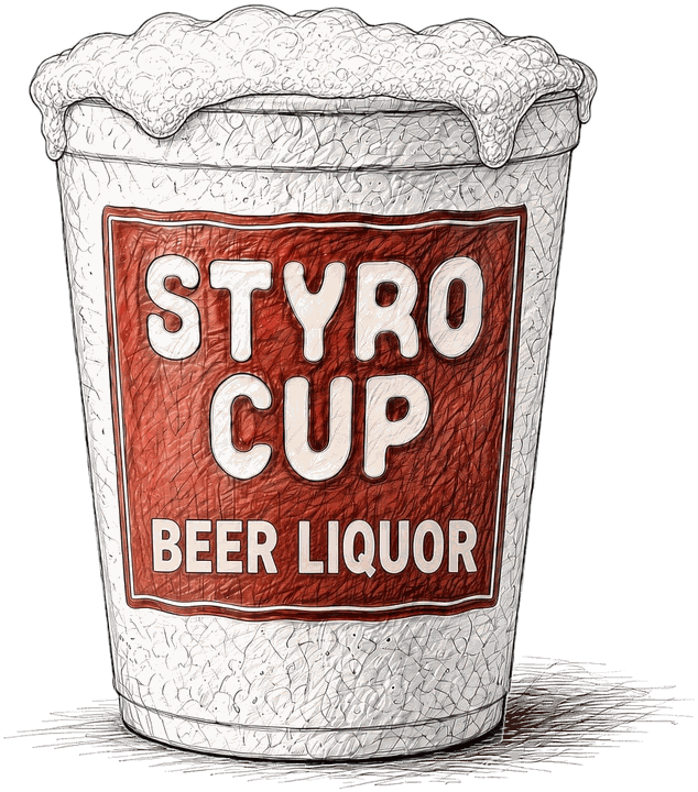 Styro Cup foam cup logo with a red Beer Liquor label