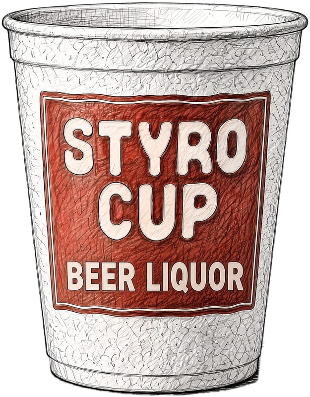 Styro Cup foam cup logo with a red Beer Liquor label