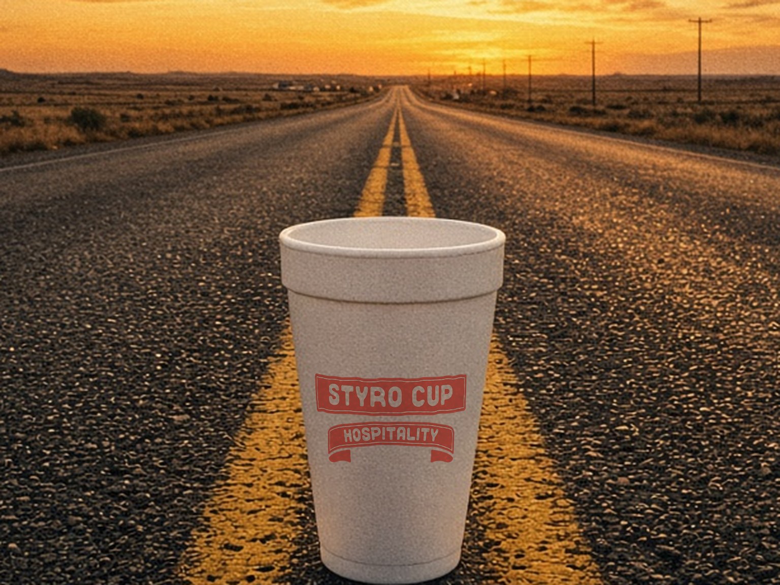 A foam cup sitting on the yellow line of an empty highway at sunset